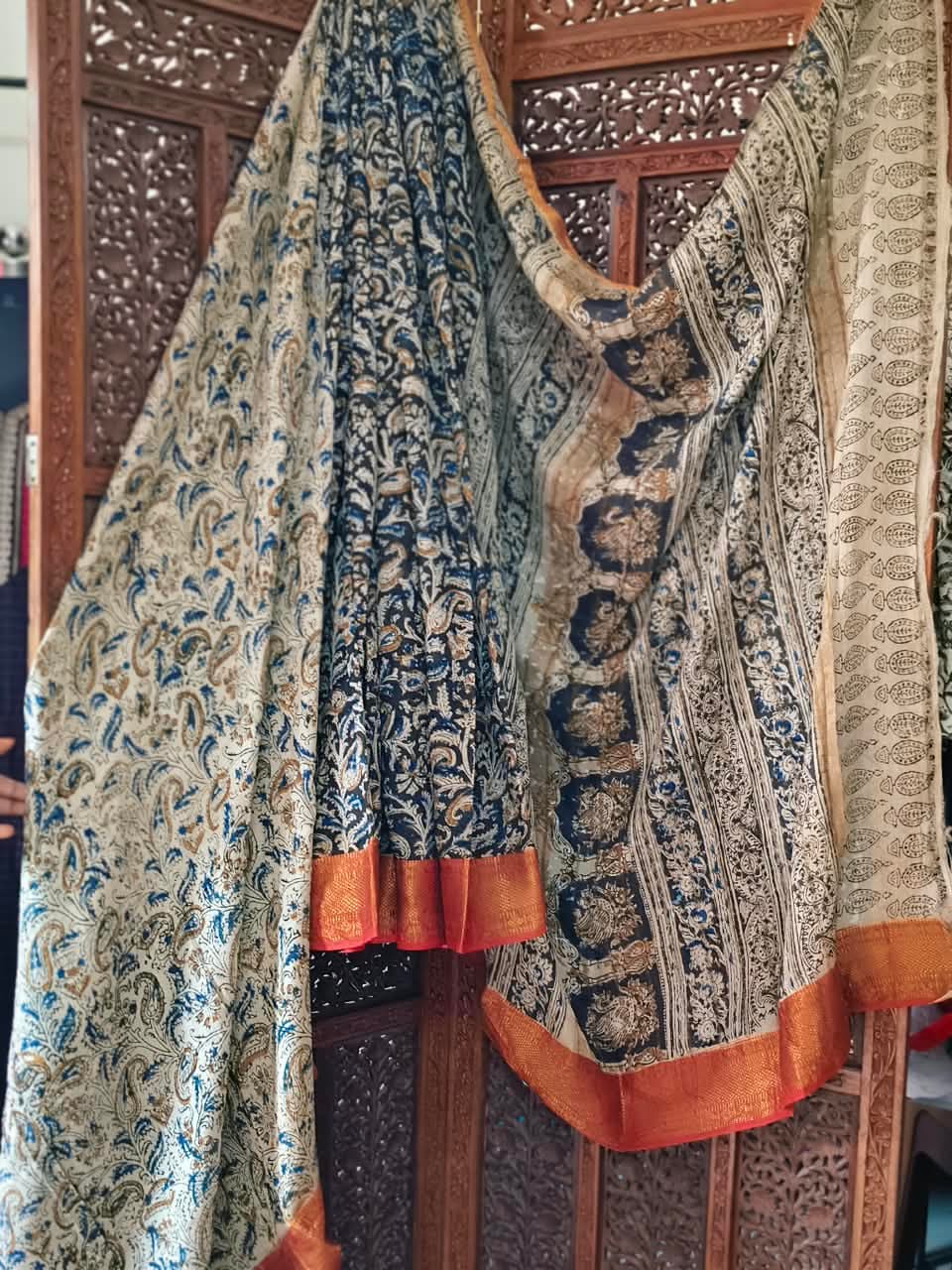 kalamkari block print on mangalagiri saree